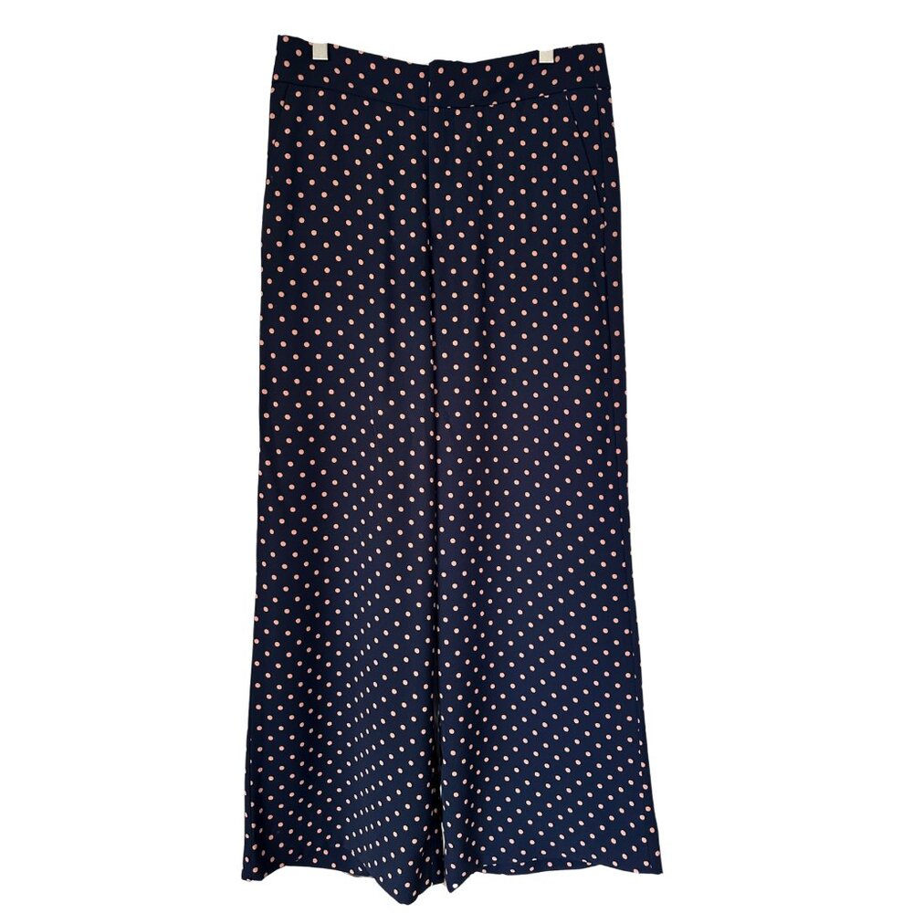 NWT Navy & Blush Polka Dot Washable Stretch, Wide Leg Trousers, Size 6P